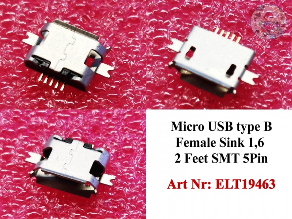 Micro USB type B Female Sink 1,6 2 Feet SMT 5Pin