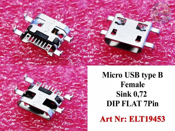 Micro USB type B Female Sink 0,72 DIP FLAT 7Pin