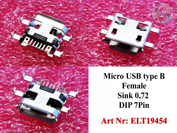 Micro USB type B Female Sink 0,72 DIP 7Pin