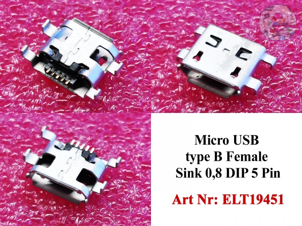 Micro USB type B Female Sink 0,8 DIP 5 Pin