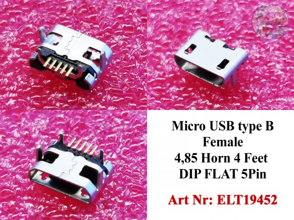 Micro USB type B Female 4,85 Horn 4 Feet DIP FLAT 5Pin