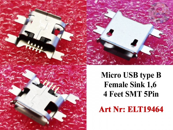Micro USB type B Female Sink 1,6 4 Feet SMT 5Pin